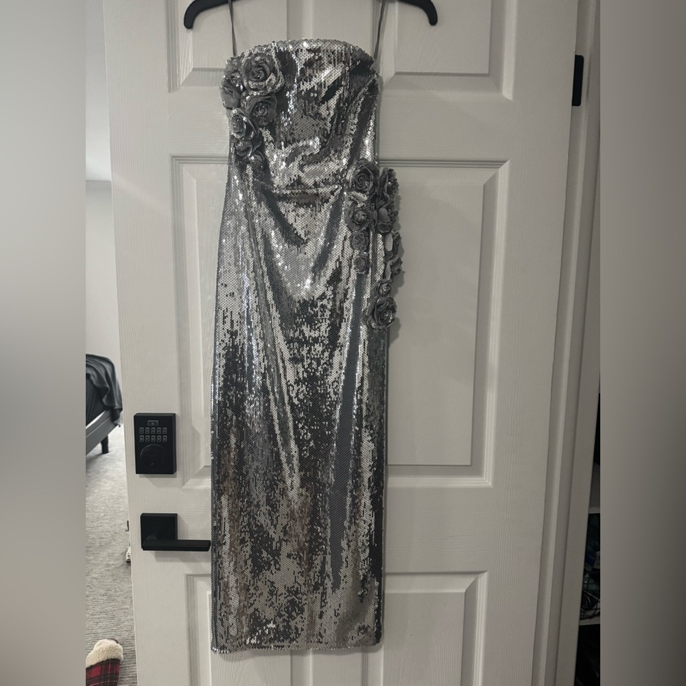 Meshki Silver Sequin Strapless Midi Dress - Picture 5 of 5